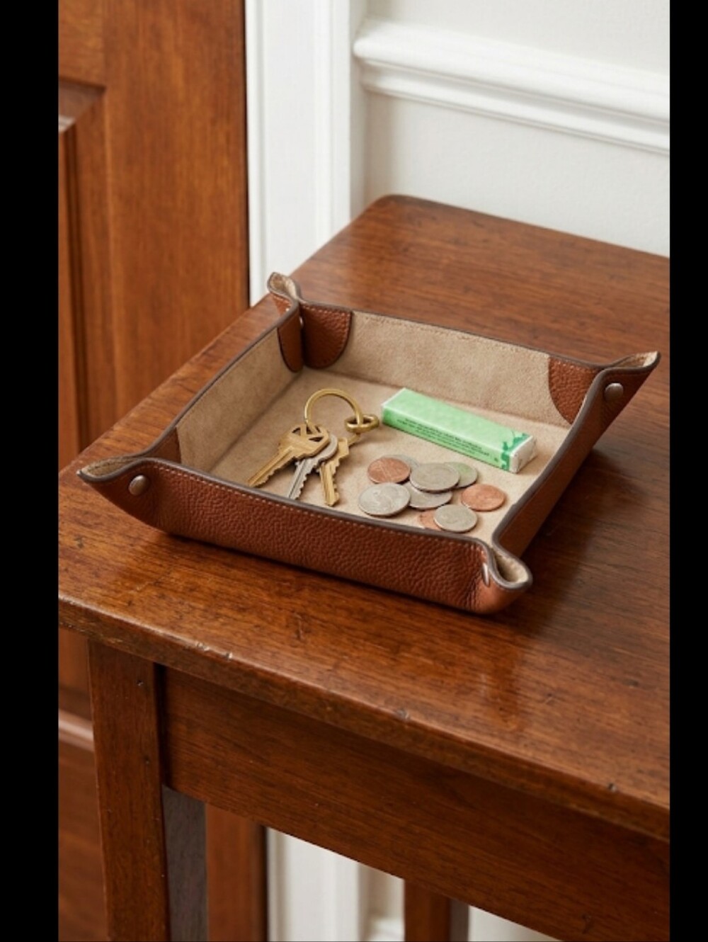 VTG Moscardini Firenze Brown Leather Valet Tray Suede Snap Catchall Italy